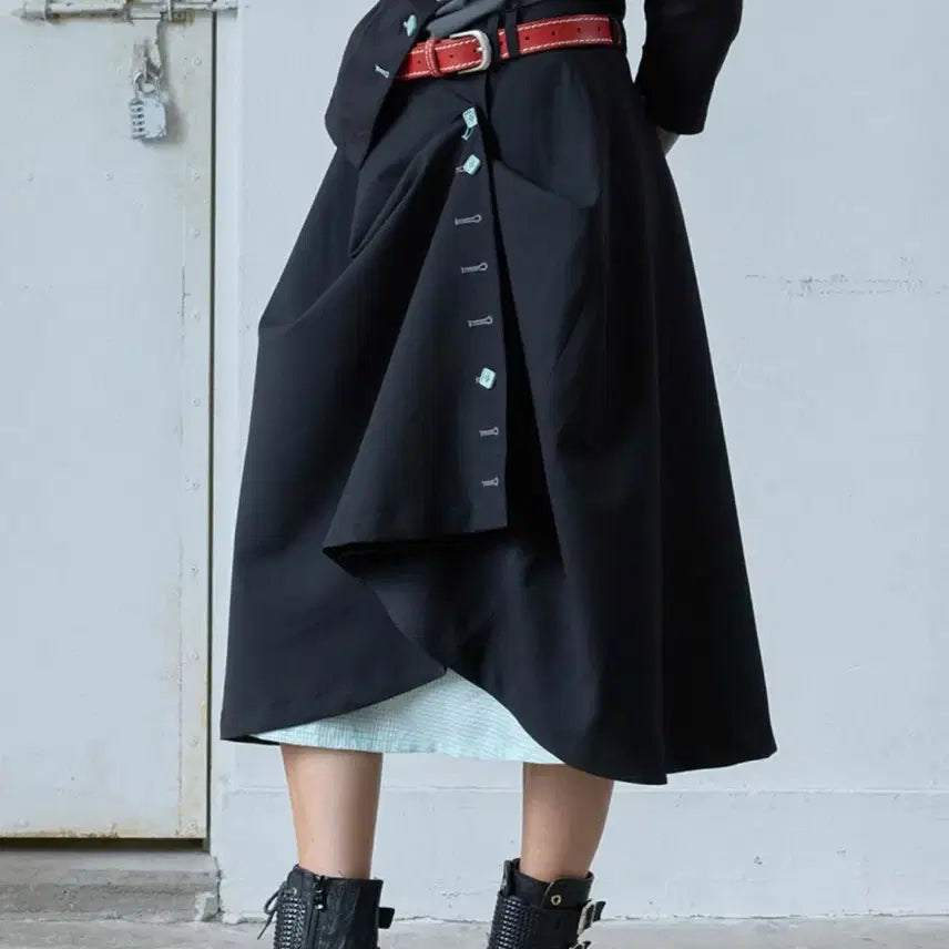 [BUNJANG] Heretic Button Long Flare Skirt / 헤레틱 버튼 롱 플레어 스커트 블랙 민트