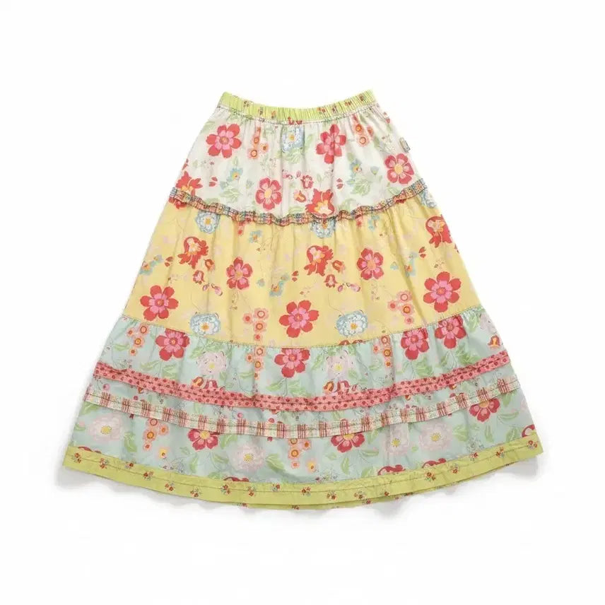 [BUNJANG] Floral Patchwork Tiered Long Skirt / 플라워 패턴 패치워크 캉캉 롱 스커트