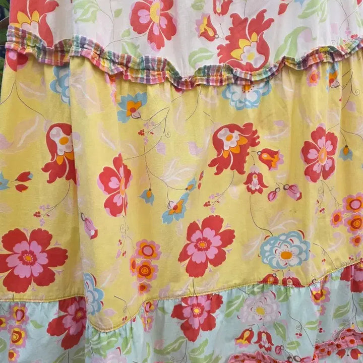 [BUNJANG] Floral Patchwork Tiered Long Skirt / 플라워 패턴 패치워크 캉캉 롱 스커트