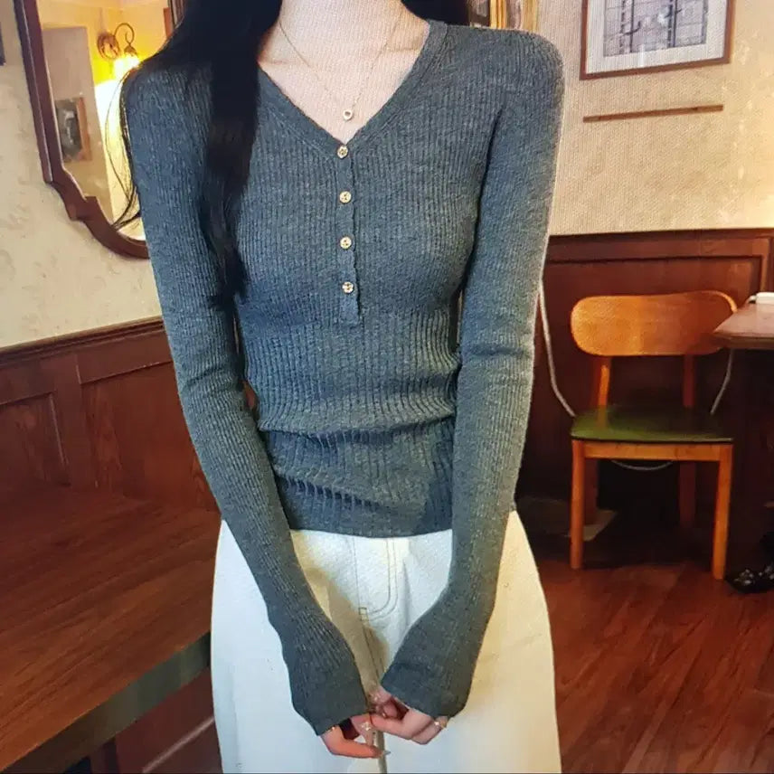 [BUNJANG] V-Neck Button Long Sleeve T-Shirt / (해외배송) 골지 브이넥 단추 긴팔 티셔츠(4색)