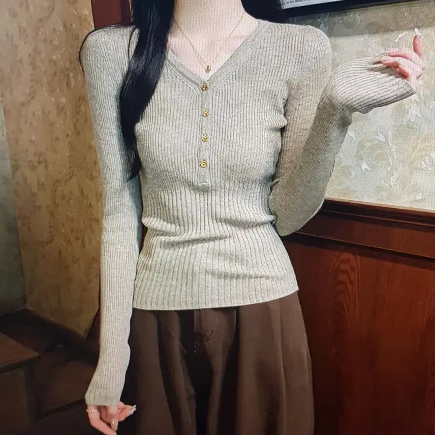 [BUNJANG] V-Neck Button Long Sleeve T-Shirt / (해외배송) 골지 브이넥 단추 긴팔 티셔츠(4색)