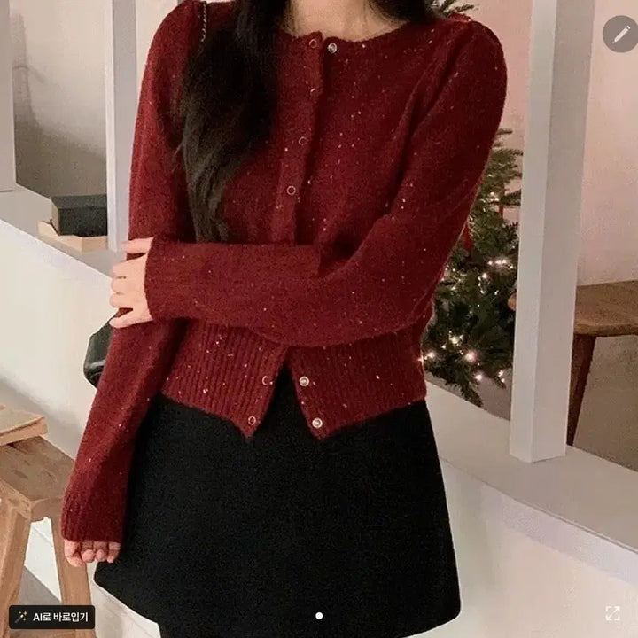 [BUNJANG] Puff Sleeve Wool Snap Knit Cardigan / 퍼프 울 스냅 니트 가디건 버건디