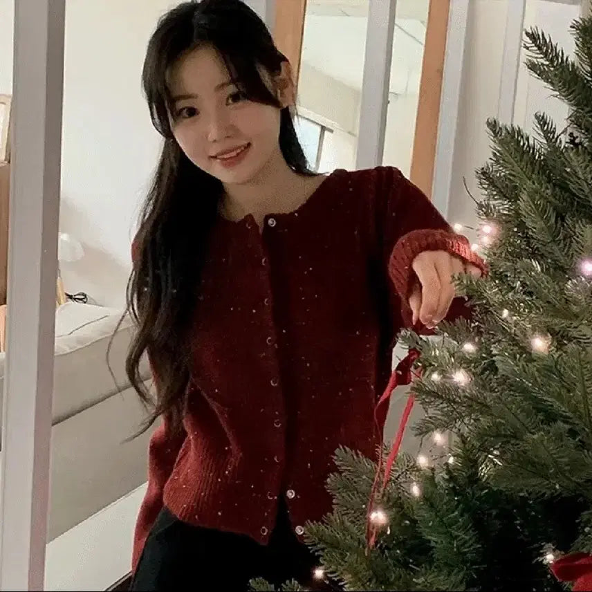 [BUNJANG] Puff Sleeve Wool Snap Knit Cardigan / 퍼프 울 스냅 니트 가디건 버건디