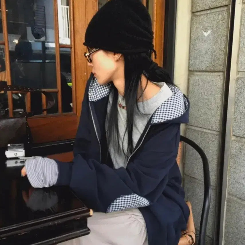 [BUNJANG] Sandhouse Gingham Check Patch Two-Way Hooded Zip-up / 모래하우스 깅엄 체크 패치 투웨이 후드집업