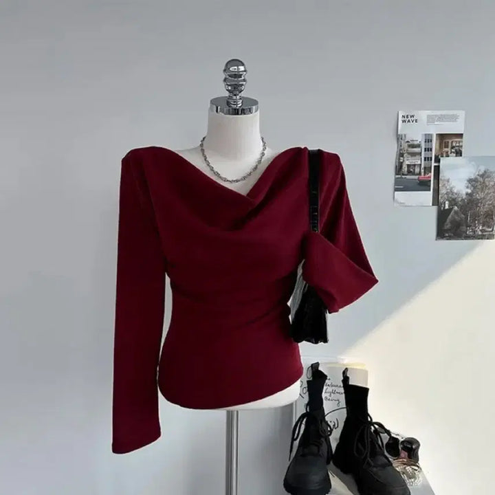 [BUNJANG] Off-Shoulder Wine Long-Sleeve T-shirt / 새상품)오프숄더티(와인)