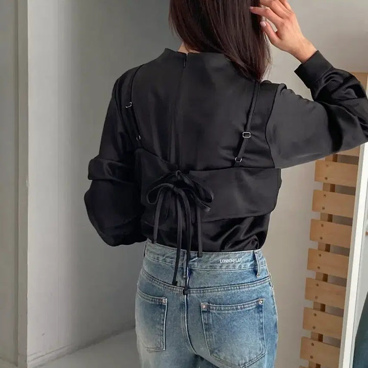 [BUNJANG] Satin Bustier Set High Neck Blouse / 뷔스티에 세트 하이넥 블라우스 / 새틴 샤틴 공단 고급 고퀄리티 레이어드