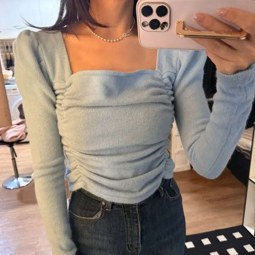 [BUNJANG] Square Neck Puff Knit Top (Sky Blue) / 스퀘어넥 퍼프 니트 (스카이블루)