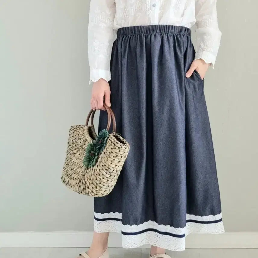 [BUNJANG] Denim Long Skirt with Lace Detail / 데님 롱 스커트 레이스 밴딩 치마