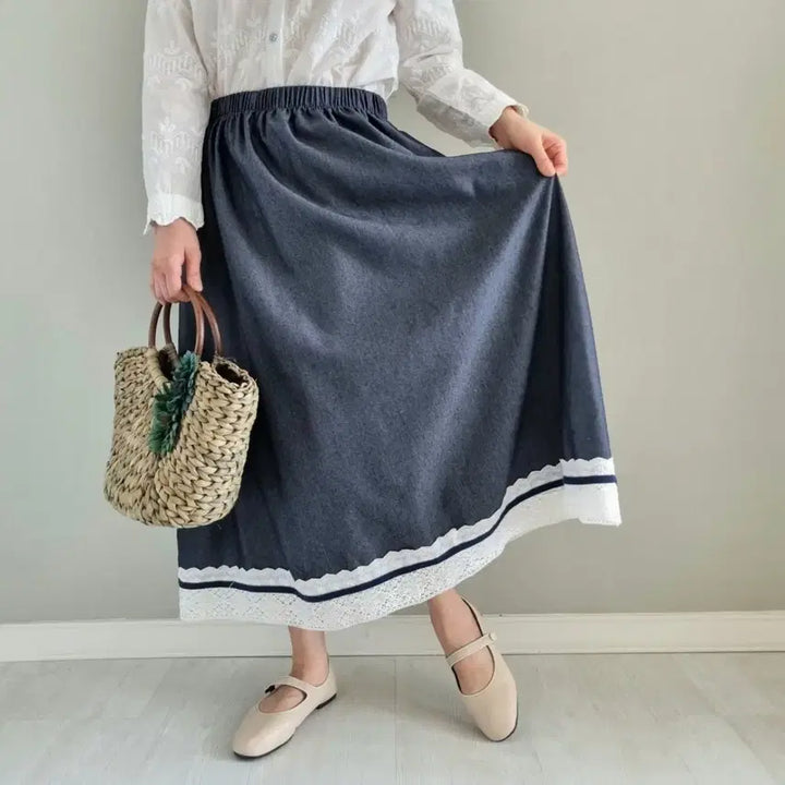 [BUNJANG] Denim Long Skirt with Lace Detail / 데님 롱 스커트 레이스 밴딩 치마