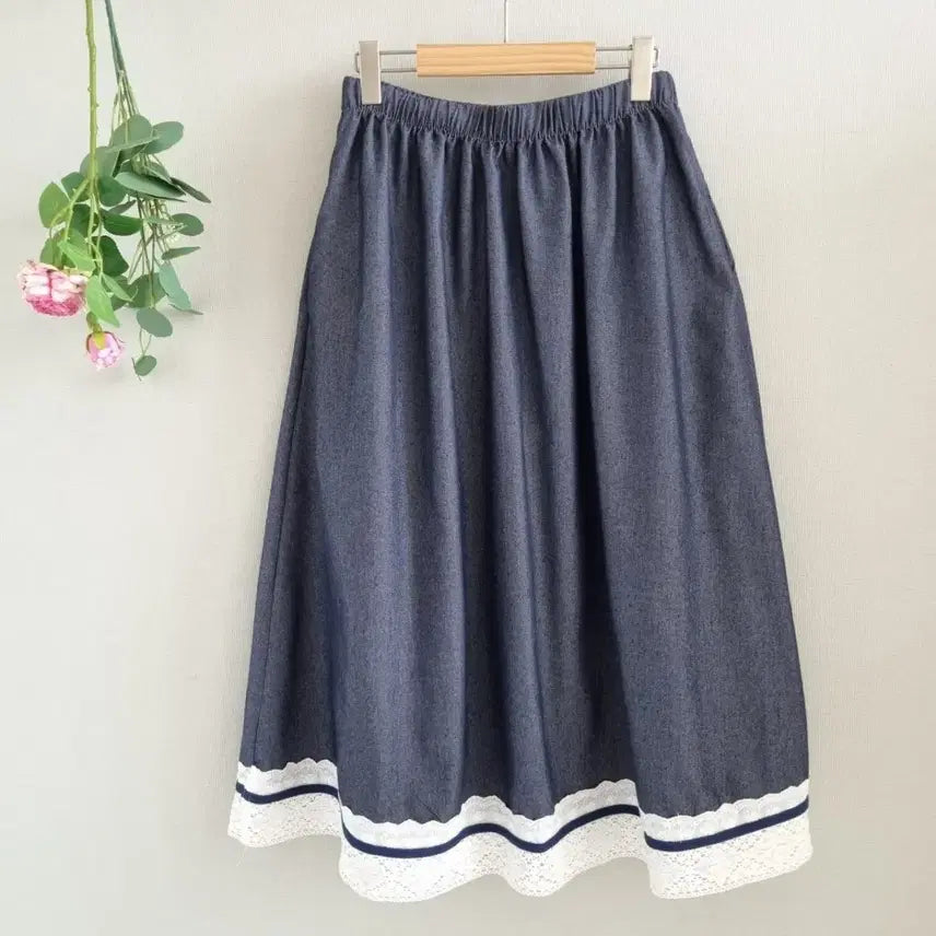 [BUNJANG] Denim Long Skirt with Lace Detail / 데님 롱 스커트 레이스 밴딩 치마