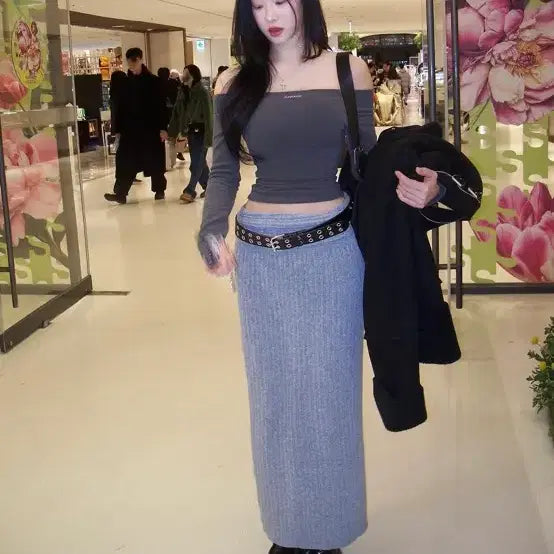 [BUNJANG] Davinus Maxi Slim Ribbed Knit Skirt / 다비너스 맥시 슬림 골지 니트 스커트 (그레이)(아이보리)