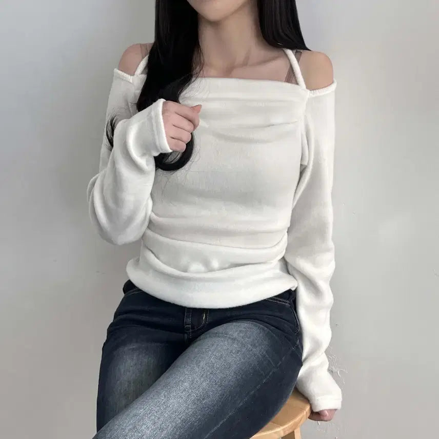 [BUNJANG] Off-Shoulder Shirred Halter Top / 겉기모 셔링 홀터넥 오프숄더