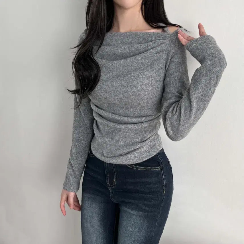 [BUNJANG] Off-Shoulder Shirred Halter Top / 겉기모 셔링 홀터넥 오프숄더