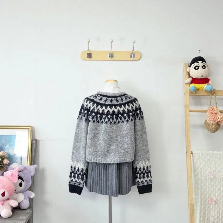 [BUNJANG] Vintage Gray Pattern Knit Cardigan / 빈티지 만원샵 그레이 패턴 니트 가디건