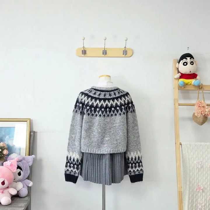 [BUNJANG] Vintage Gray Pattern Knit Cardigan / 빈티지 만원샵 그레이 패턴 니트 가디건