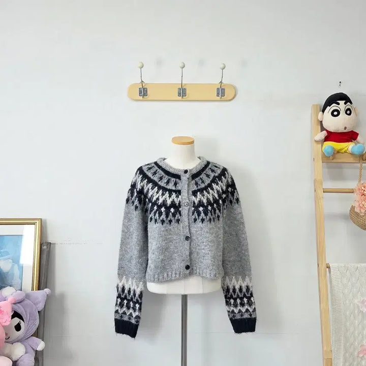[BUNJANG] Vintage Gray Pattern Knit Cardigan / 빈티지 만원샵 그레이 패턴 니트 가디건