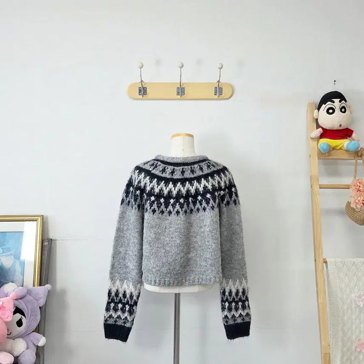 [BUNJANG] Vintage Gray Pattern Knit Cardigan / 빈티지 만원샵 그레이 패턴 니트 가디건