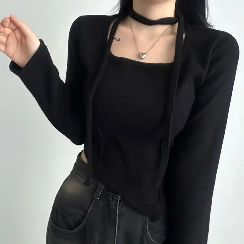 [BUNJANG] Square Neck Long Sleeve T-Shirt and Muffler Set / 겉기모 머플러 스퀘어넥 긴팔 티셔츠 세트