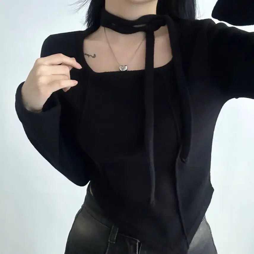 [BUNJANG] Square Neck Long Sleeve T-Shirt and Muffler Set / 겉기모 머플러 스퀘어넥 긴팔 티셔츠 세트