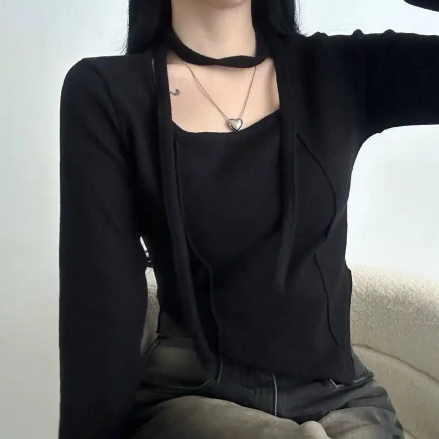 [BUNJANG] Square Neck Long Sleeve T-Shirt and Muffler Set / 겉기모 머플러 스퀘어넥 긴팔 티셔츠 세트