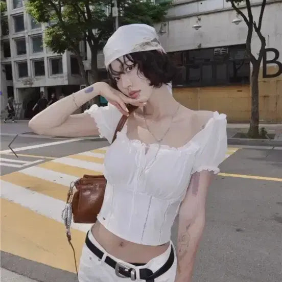 [BUNJANG] Pale Jade Chiffon Blouse White / 페일제이드 쉬폰 블라우스 반팔 화이트