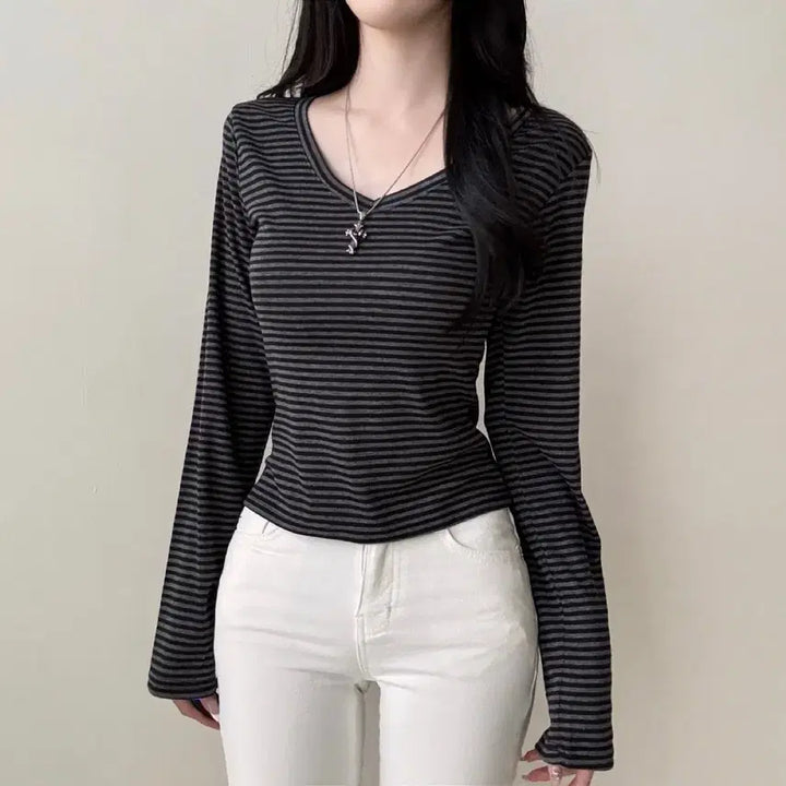 [SOLD OUT] 새상품)브이넥 단가라 긴팔 티셔츠