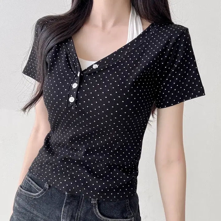 [BUNJANG] Deep V-Neck Dot Short Sleeve T-Shirt / 딥브이넥 도트 반팔티셔츠