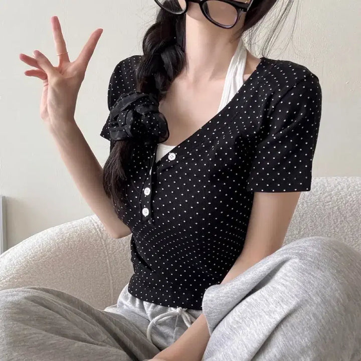 [BUNJANG] Deep V-Neck Dot Short Sleeve T-Shirt / 딥브이넥 도트 반팔티셔츠