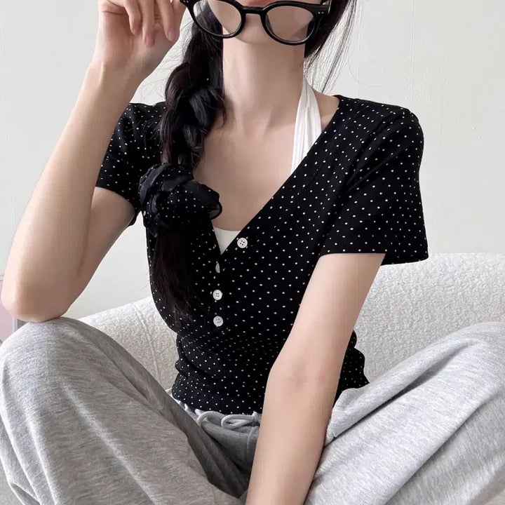 [BUNJANG] Deep V-Neck Dot Short Sleeve T-Shirt / 딥브이넥 도트 반팔티셔츠