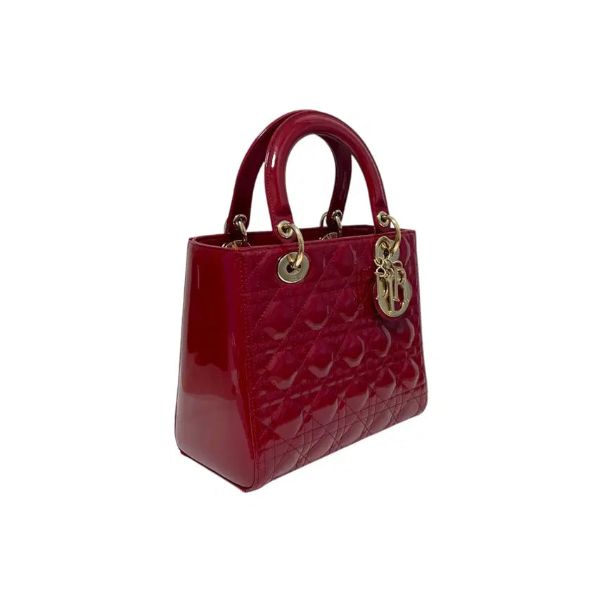 [BUNJANG] Dior Lady Dior Medium Tote Bag Cherry Red Patent Leather / 디올 체리레드 페이던트 레이디디올 미디엄 토트백 겸 숄더백H00251
