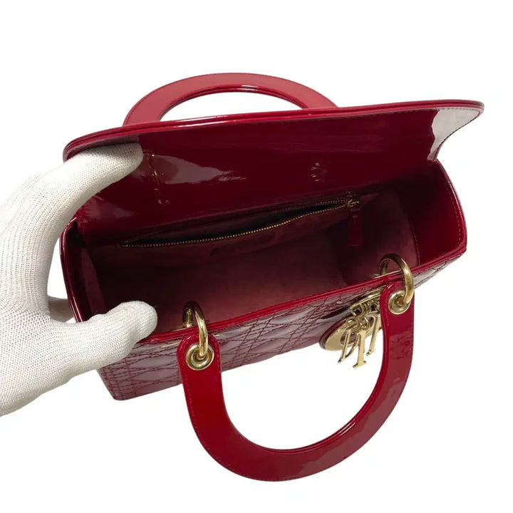 [BUNJANG] Dior Lady Dior Medium Tote Bag Cherry Red Patent Leather / 디올 체리레드 페이던트 레이디디올 미디엄 토트백 겸 숄더백H00251