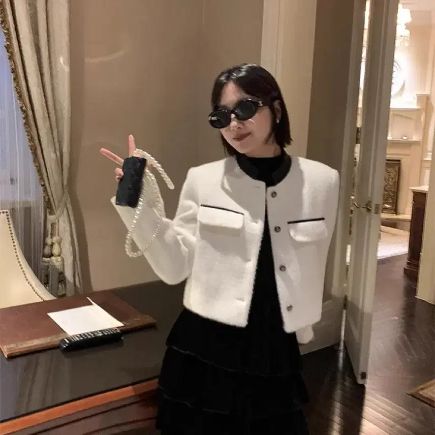 [BUNJANG] Tweed Leather Jacket / 트위드 레더자켓