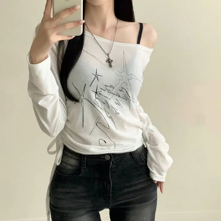 [BUNJANG] Printing Off-Shoulder T-Shirt / 프린팅 옆셔링 라운드 오프숄더 티셔츠