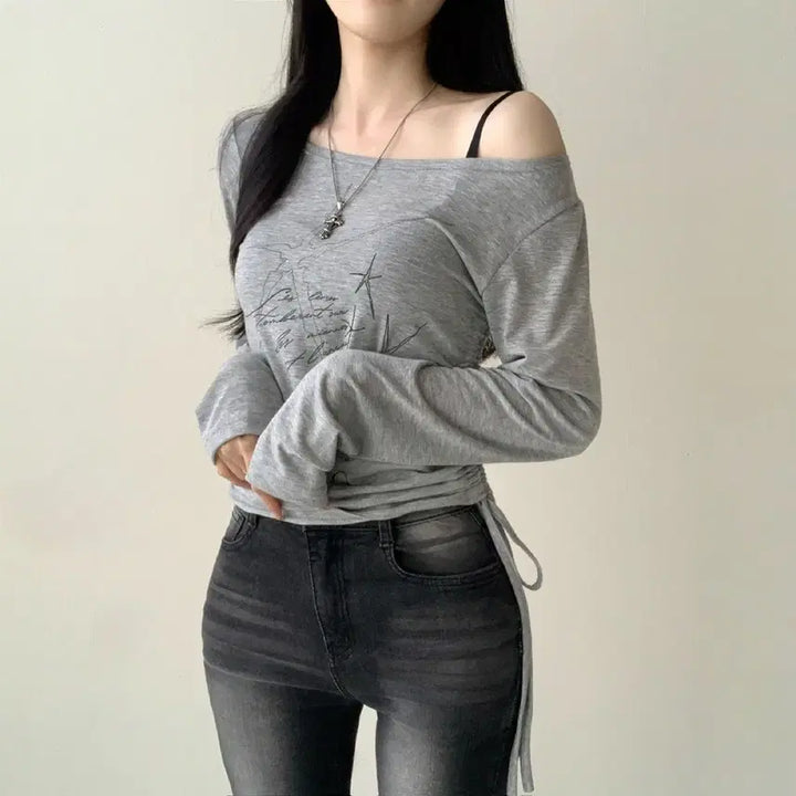 [BUNJANG] Printing Off-Shoulder T-Shirt / 프린팅 옆셔링 라운드 오프숄더 티셔츠