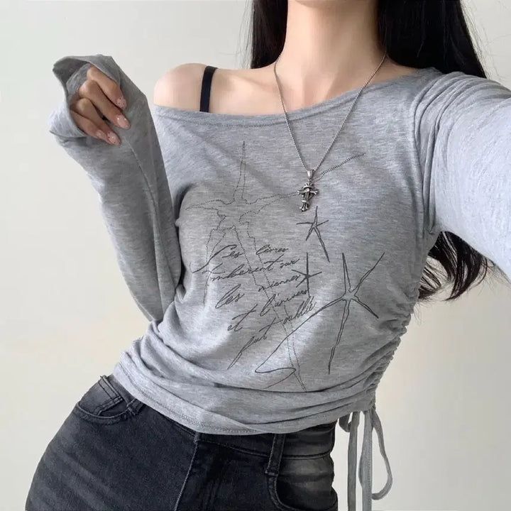 [BUNJANG] Printing Off-Shoulder T-Shirt / 프린팅 옆셔링 라운드 오프숄더 티셔츠