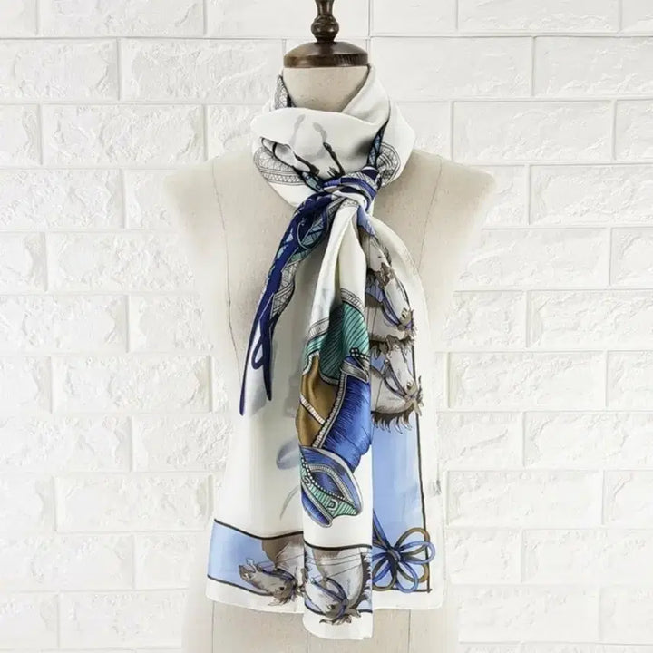 [BUNJANG] Silk Scarf with Horse Pattern (Blue) / 화이트 실크 스카프 말 패턴(블루)