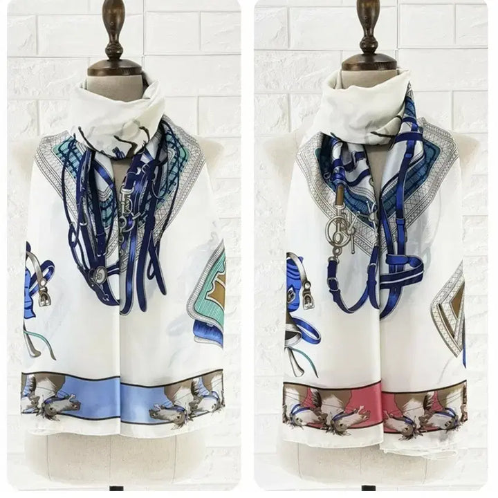 [BUNJANG] Silk Scarf with Horse Pattern (Blue) / 화이트 실크 스카프 말 패턴(블루)