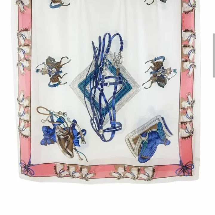 [BUNJANG] Silk Scarf with Horse Pattern (Blue) / 화이트 실크 스카프 말 패턴(블루)