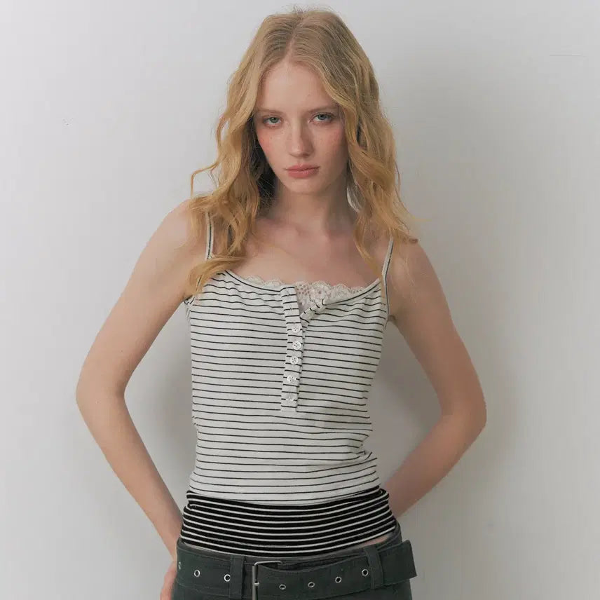 [BUNJANG] Deleteex Lace Trimmed Striped Sleeveless Top / Deleteex 레이스 장식 스트라이프 슬리브리스 탑