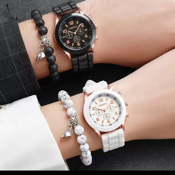 [BUNJANG] Geneva Watch and Bracelet Set / 제네바 시계 팔찌 세트 블랙/화이트 세트