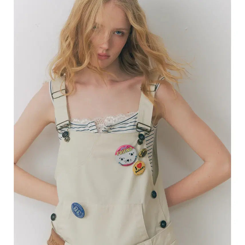 [BUNJANG] Deleteex Retro Beige Pleated Mini Overall Skirt / Deleteex 레트로 베이지 플리츠 미니 멜빵 치마