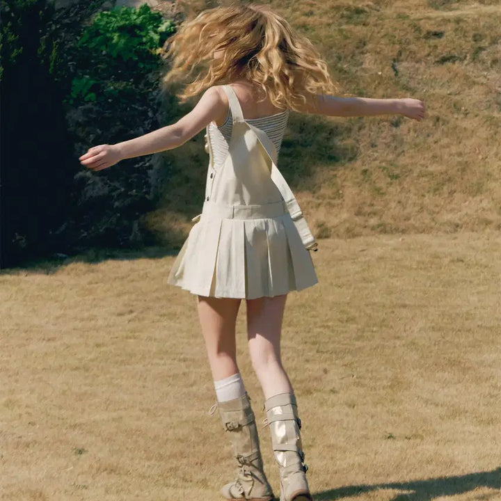 [BUNJANG] Deleteex Retro Beige Pleated Mini Overall Skirt / Deleteex 레트로 베이지 플리츠 미니 멜빵 치마