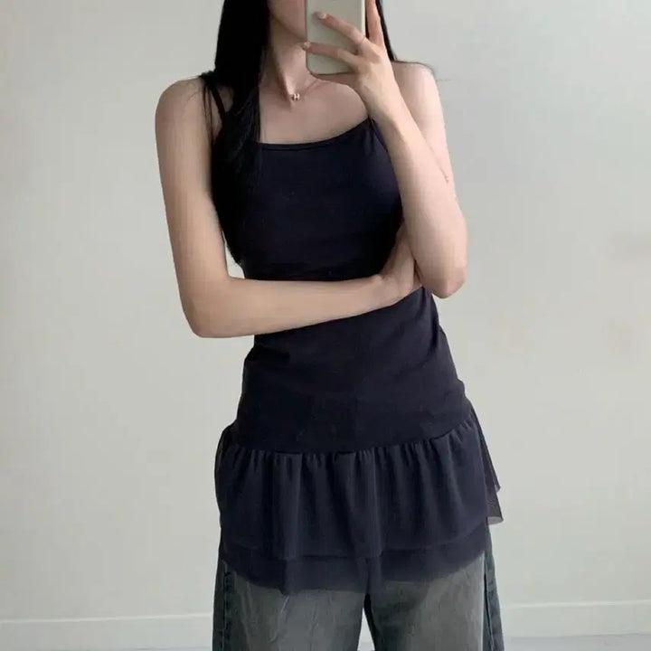 [BUNJANG] Mesh Lace Layered Camisole / 망사 레이스 이너 레이어드 나시