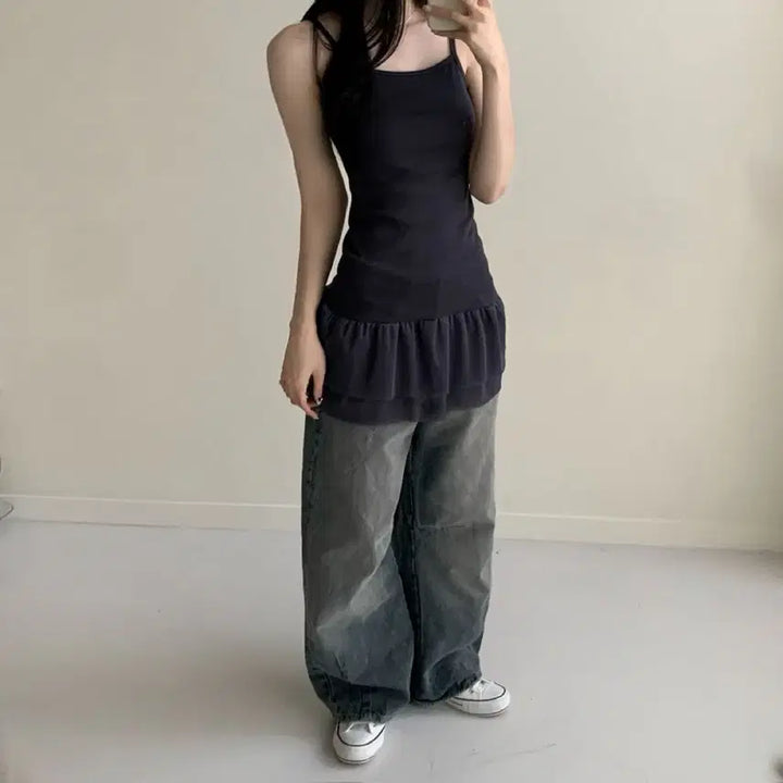 [BUNJANG] Mesh Lace Layered Camisole / 망사 레이스 이너 레이어드 나시