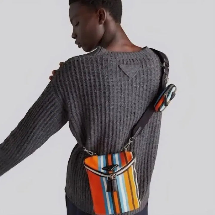 [BUNJANG] Prada Duo Messenger Crossbody Bag / { 새상품 } 프라다 블랙 삼각로고 스트라이프 듀오 메신저 크로스백