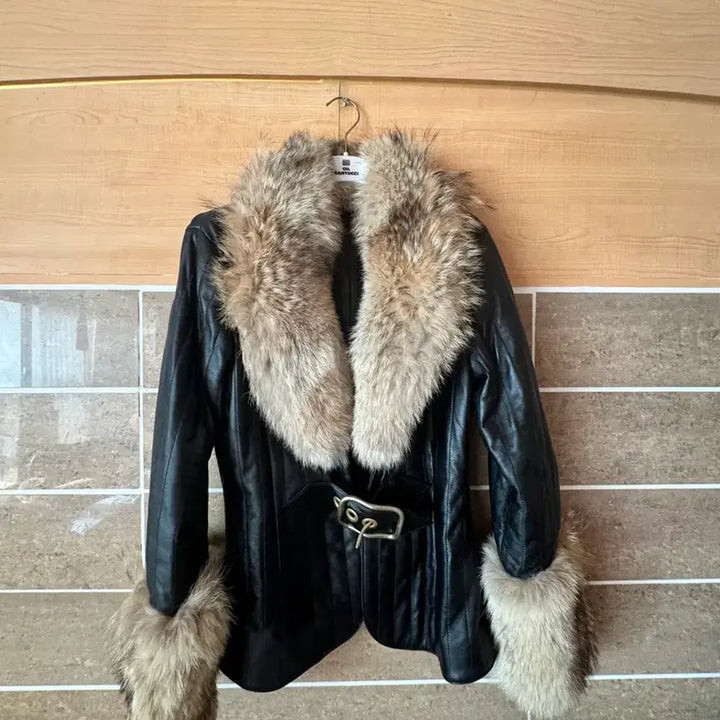 [BUNJANG] Black Leather Fur Jacket / 블랙 가죽 퍼 자켓
