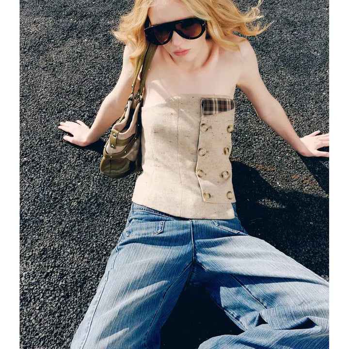 [BUNJANG] Deleteex Tweed Wool Double Breasted Off-Shoulder Tube Top / Deleteex 트위드 울 더블 브레스트 오프숄더 튜브탑