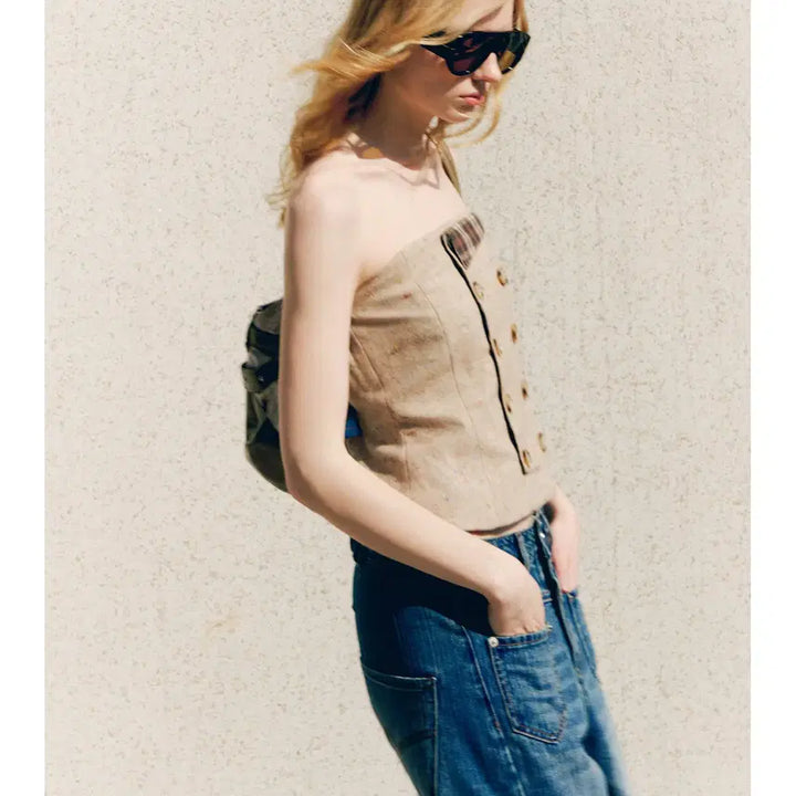 [BUNJANG] Deleteex Tweed Wool Double Breasted Off-Shoulder Tube Top / Deleteex 트위드 울 더블 브레스트 오프숄더 튜브탑