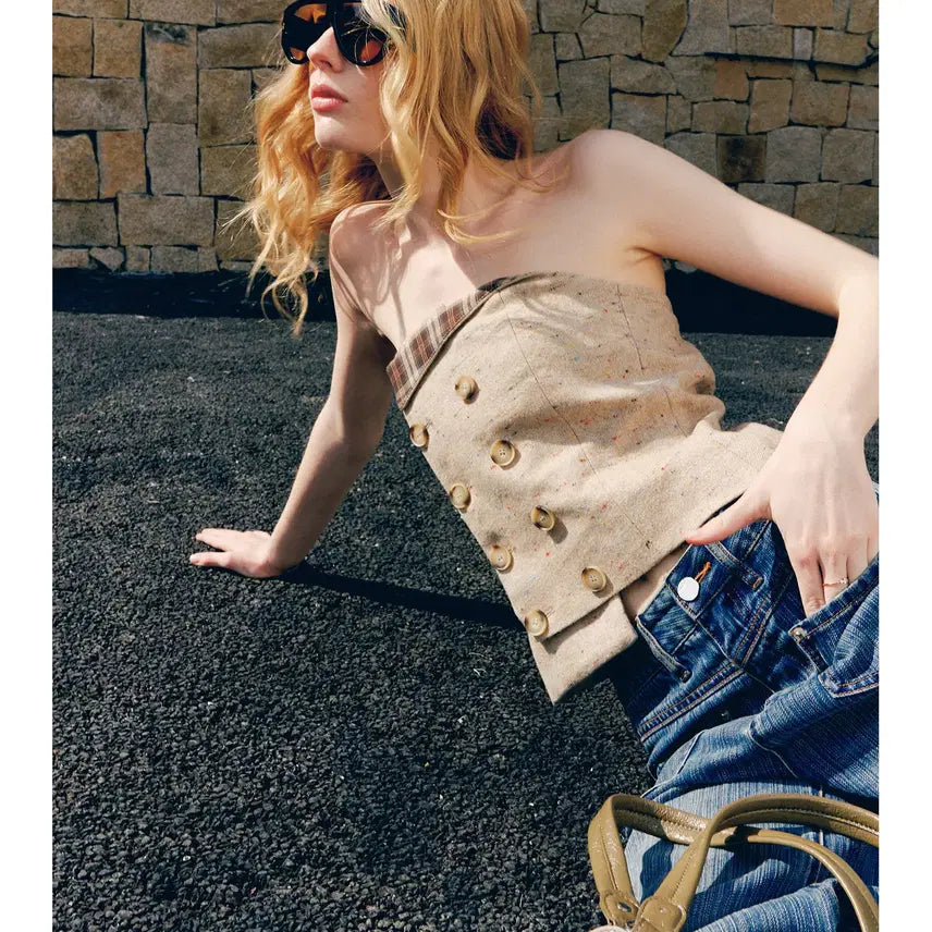 [BUNJANG] Deleteex Tweed Wool Double Breasted Off-Shoulder Tube Top / Deleteex 트위드 울 더블 브레스트 오프숄더 튜브탑