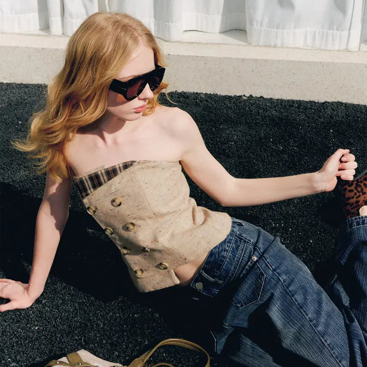 [BUNJANG] Deleteex Tweed Wool Double Breasted Off-Shoulder Tube Top / Deleteex 트위드 울 더블 브레스트 오프숄더 튜브탑